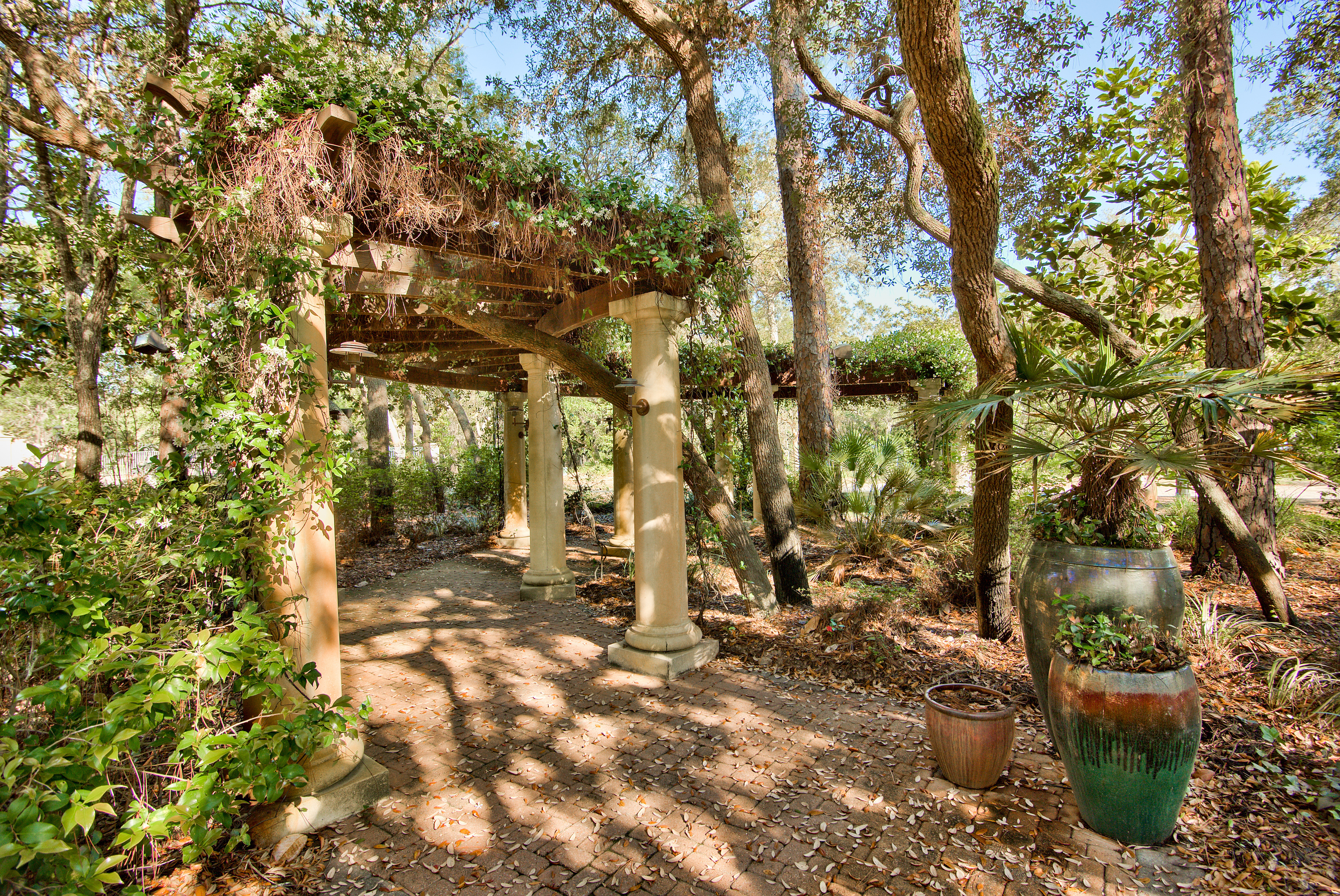A lush tree covered walkway and arbor in Estates at Indian Pointe
